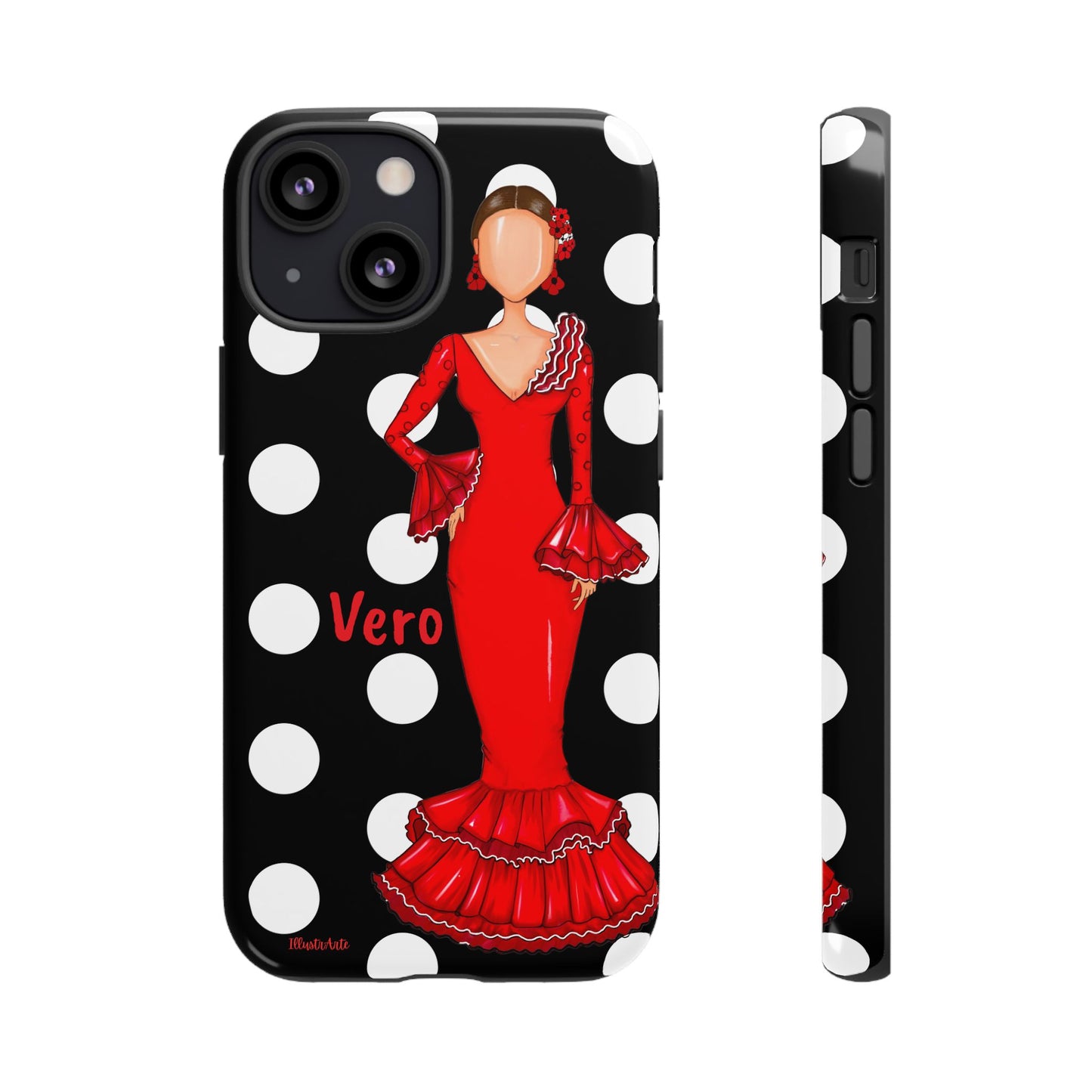 una funda de celular con una mujer en un vestido rojo