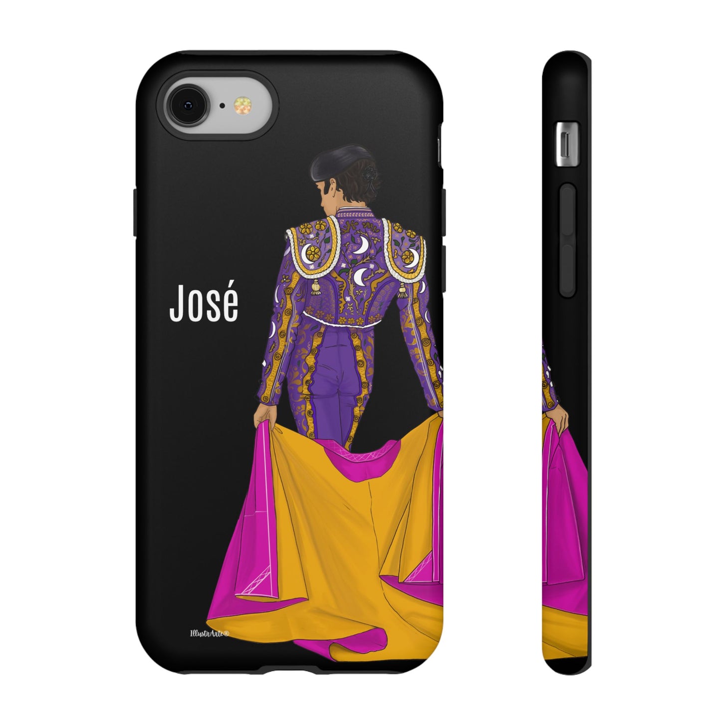 una funda de teléfono con un dibujo de una mujer en un traje morado y amarillo