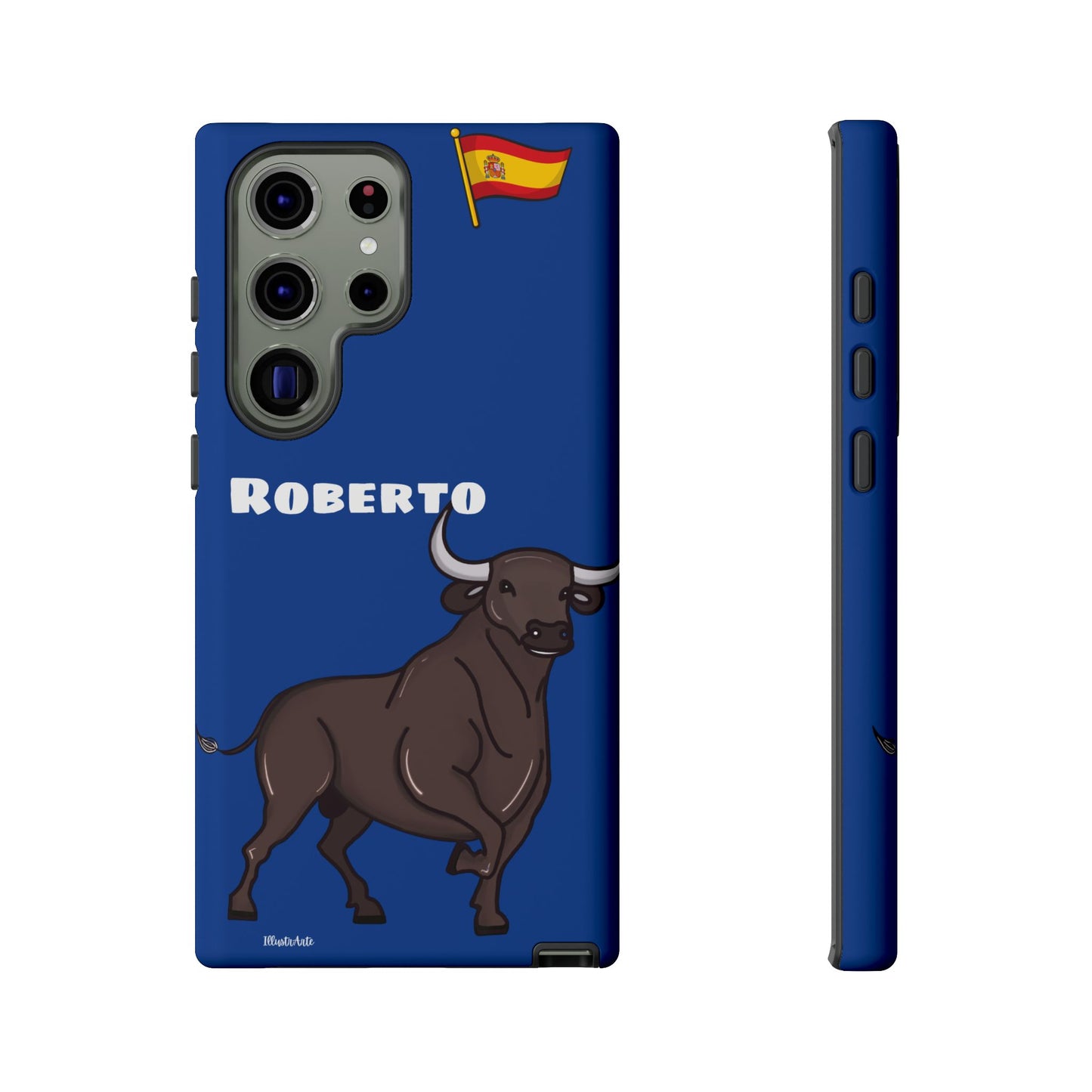 Funda de teléfono personalizable con nombre/bandera/Virgen - Modelo Toro Roberto, combinando arte y funcionalidad.