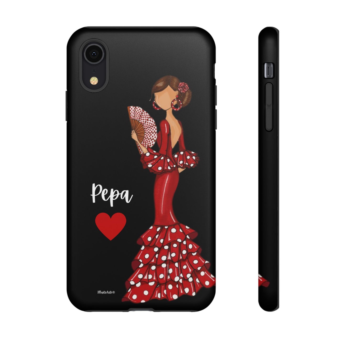 una funda de teléfono con una mujer en un vestido rojo