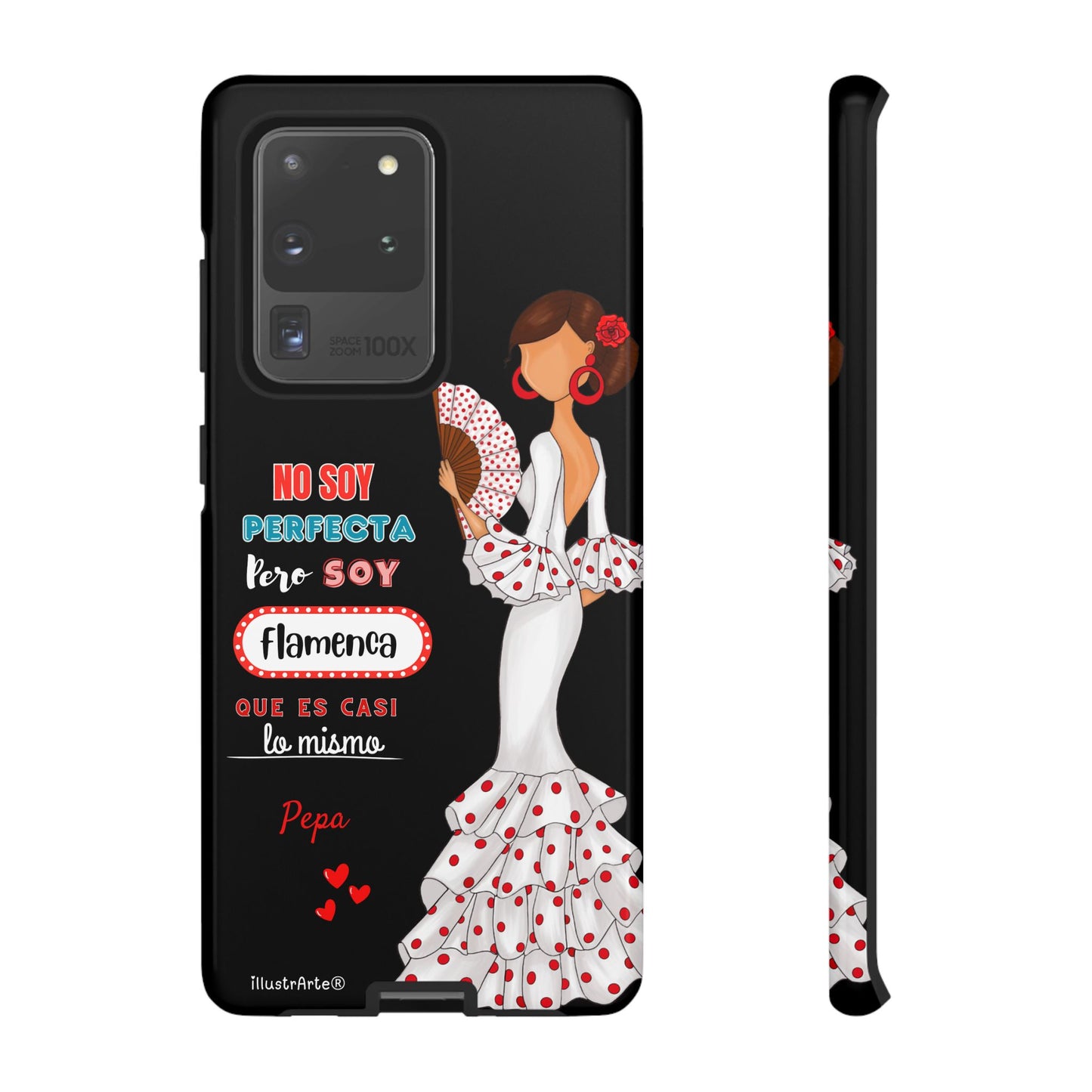 Funda de teléfono personalizable Pepa vestido blanco con frase – para iPhone, Samsung, Pixel
