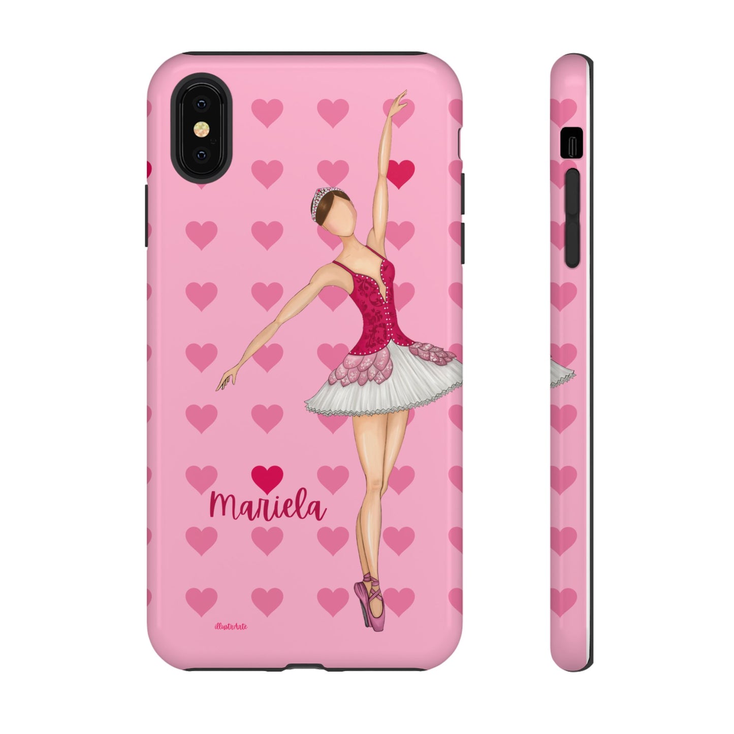 una funda de teléfono rosa con una bailarina en ella