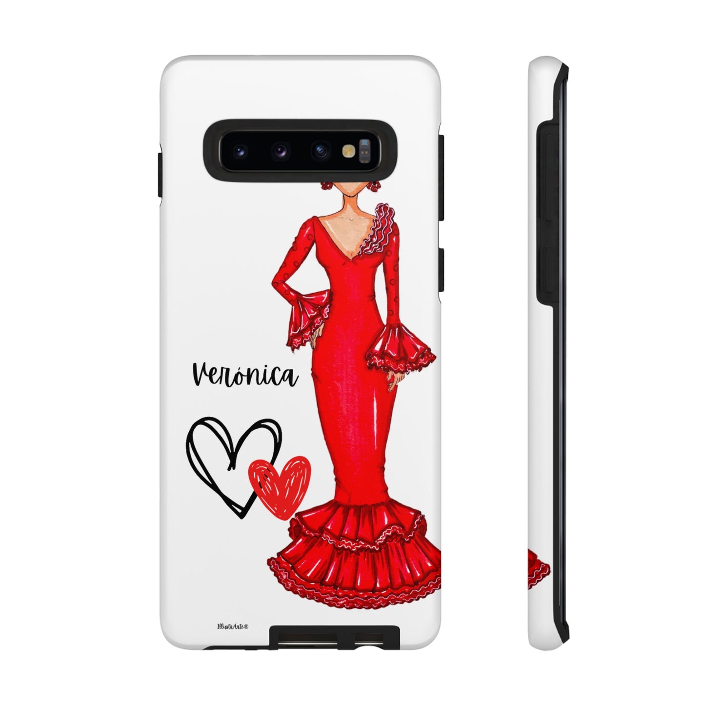 una funda de teléfono con un dibujo de una mujer en un vestido rojo