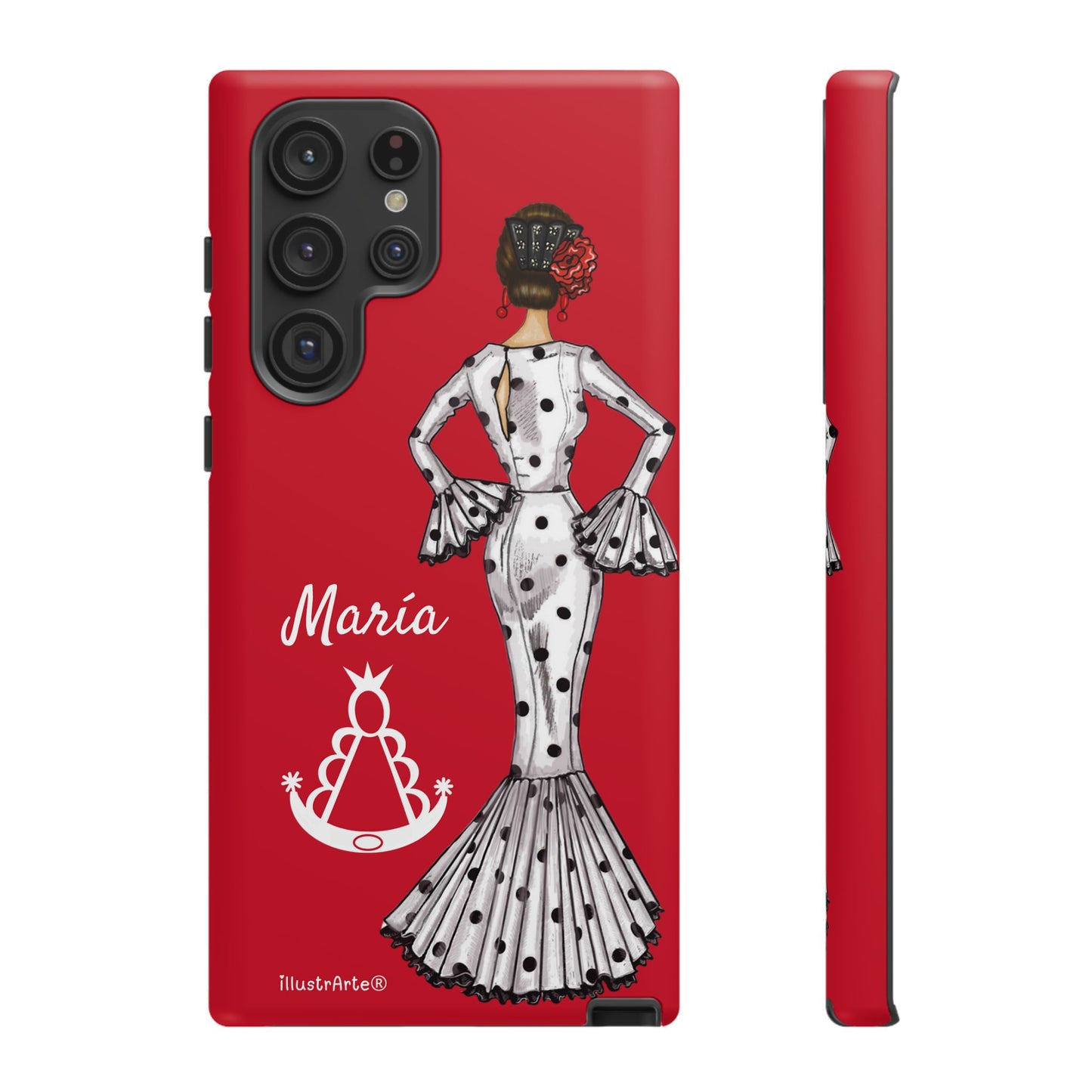 Capa de telefone personalizável com nome/bandeira/Virgem - modelo White Mary com Virgen del Rocío para iPhone, Samsung e Google Pixel