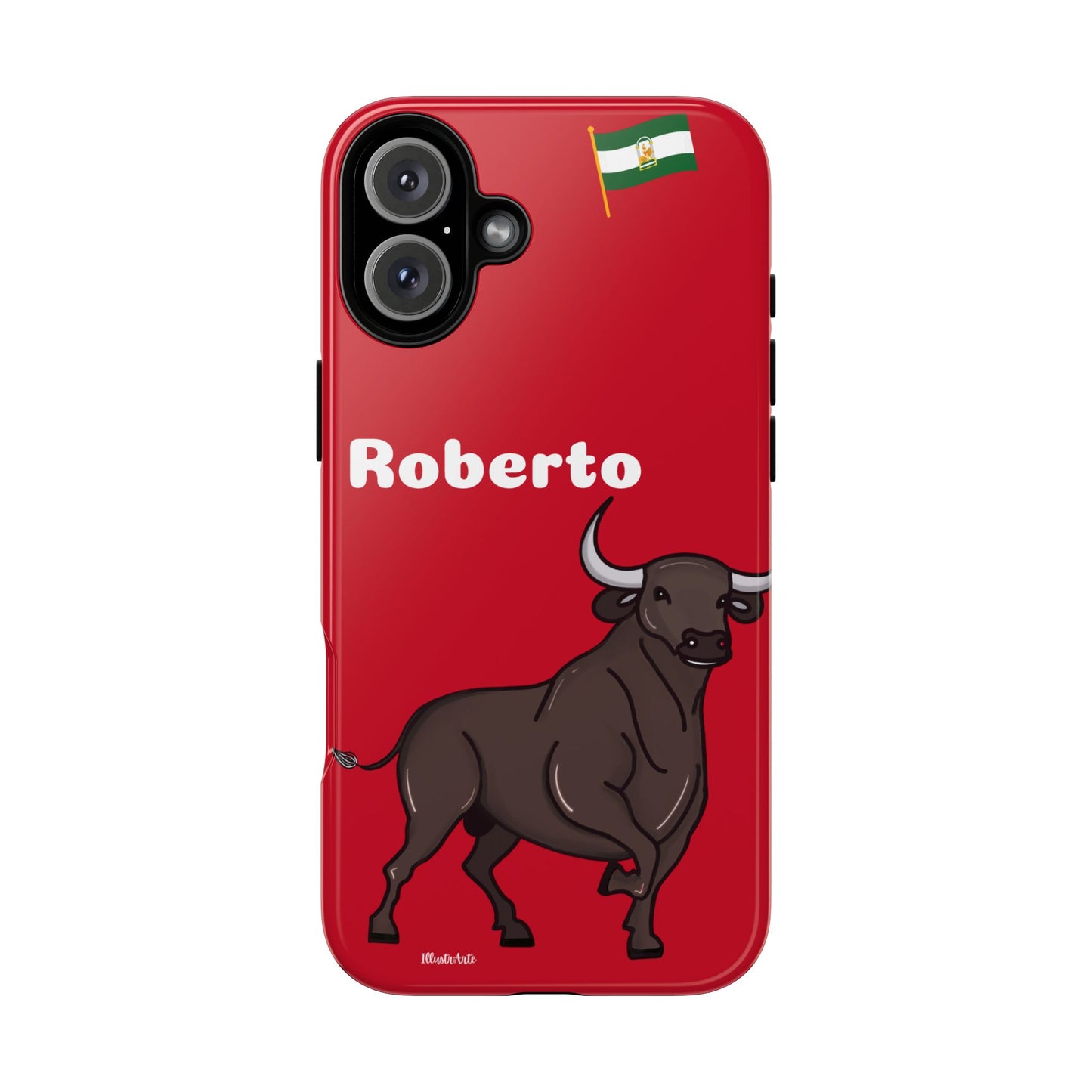 una funda de teléfono roja con un toro en ella