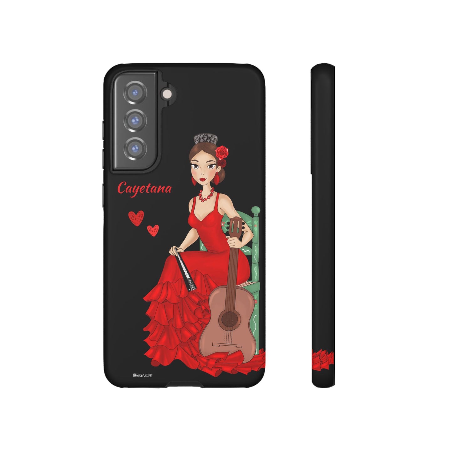 una funda de teléfono con una mujer en un vestido rojo sosteniendo una guitarra