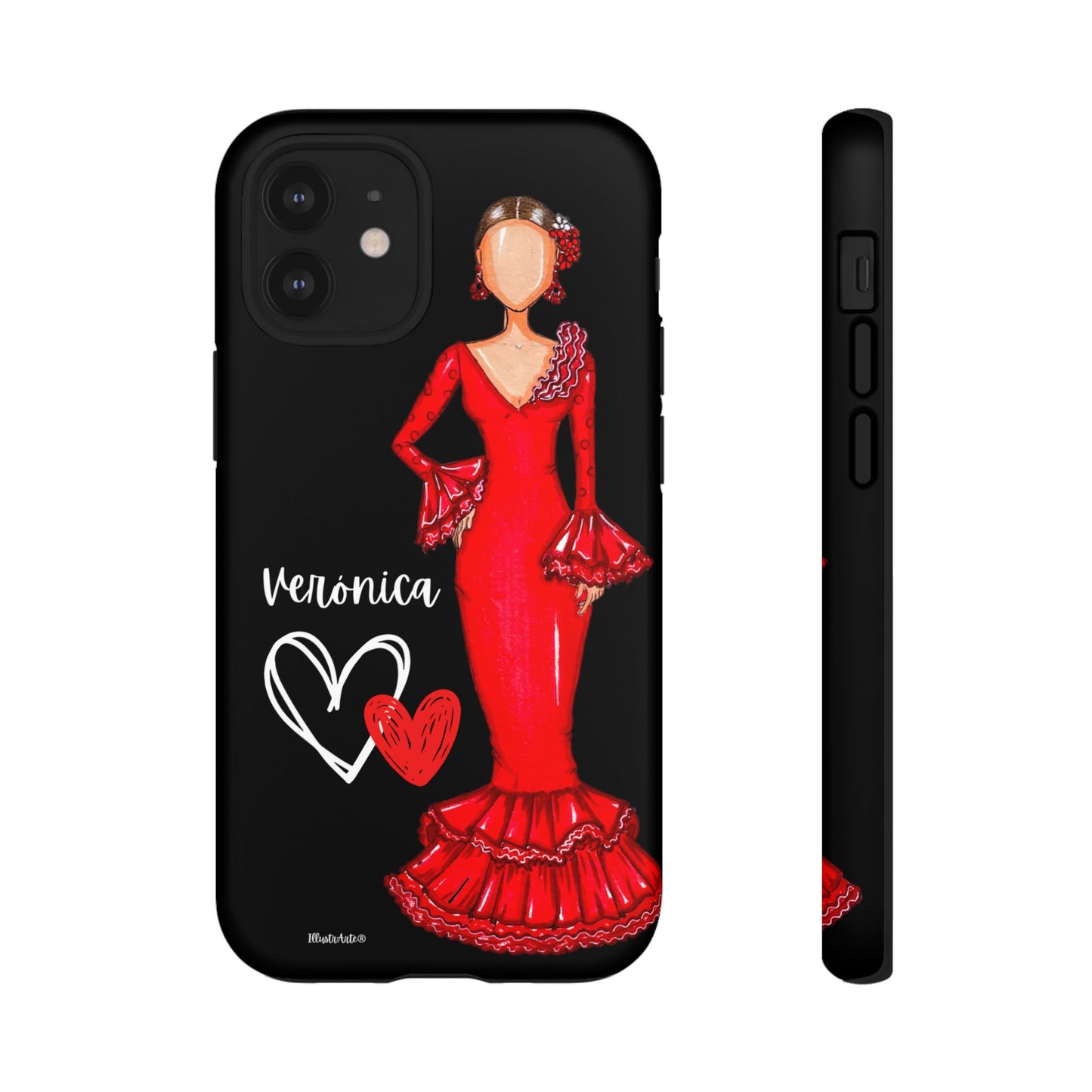 una funda de teléfono con una mujer con un vestido rojo