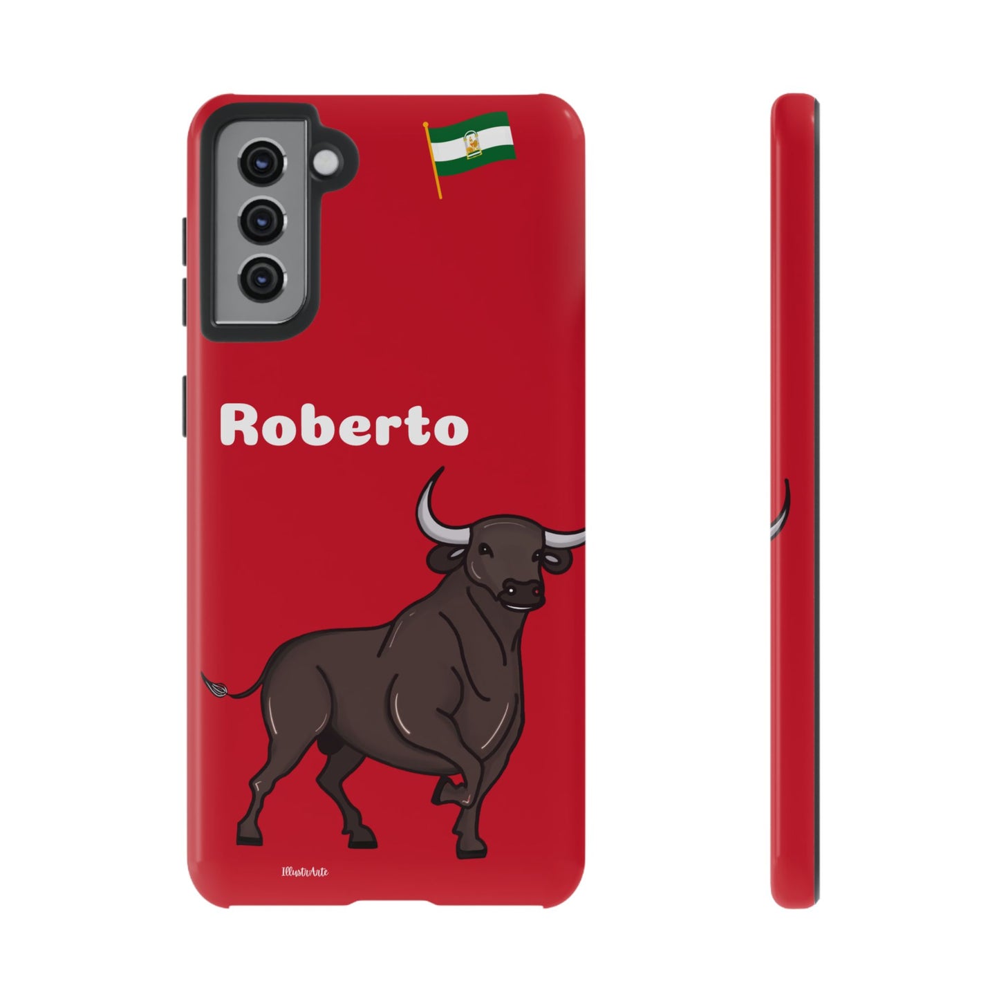 una funda de teléfono roja con un toro en ella