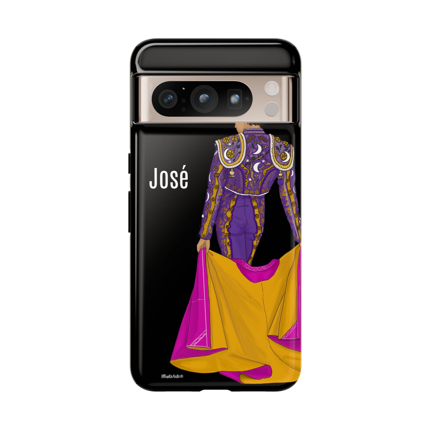 una funda de teléfono con una imagen de una mujer en un vestido morado y amarillo