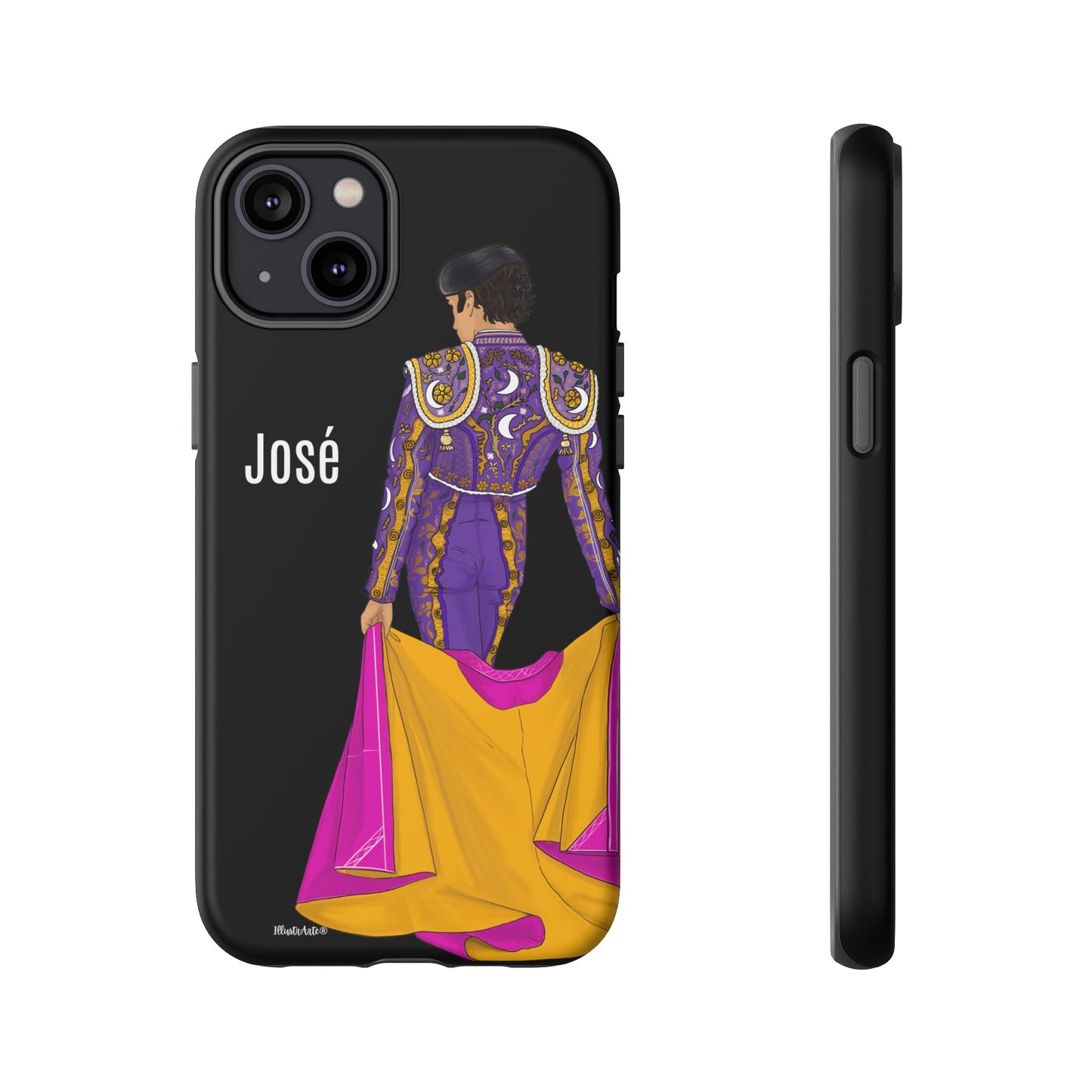 una funda de teléfono con un dibujo de un hombre en un traje morado y amarillo