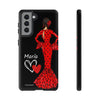 Funda de teléfono personalizable María rojo pelo oscuro fondo negro – para iPhone, Samsung, Pixel