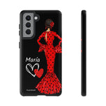 Personalised phone case flamenco dancer María, dark hair, red dress for Samsung Galaxy S21, gloss finish – illustrArte