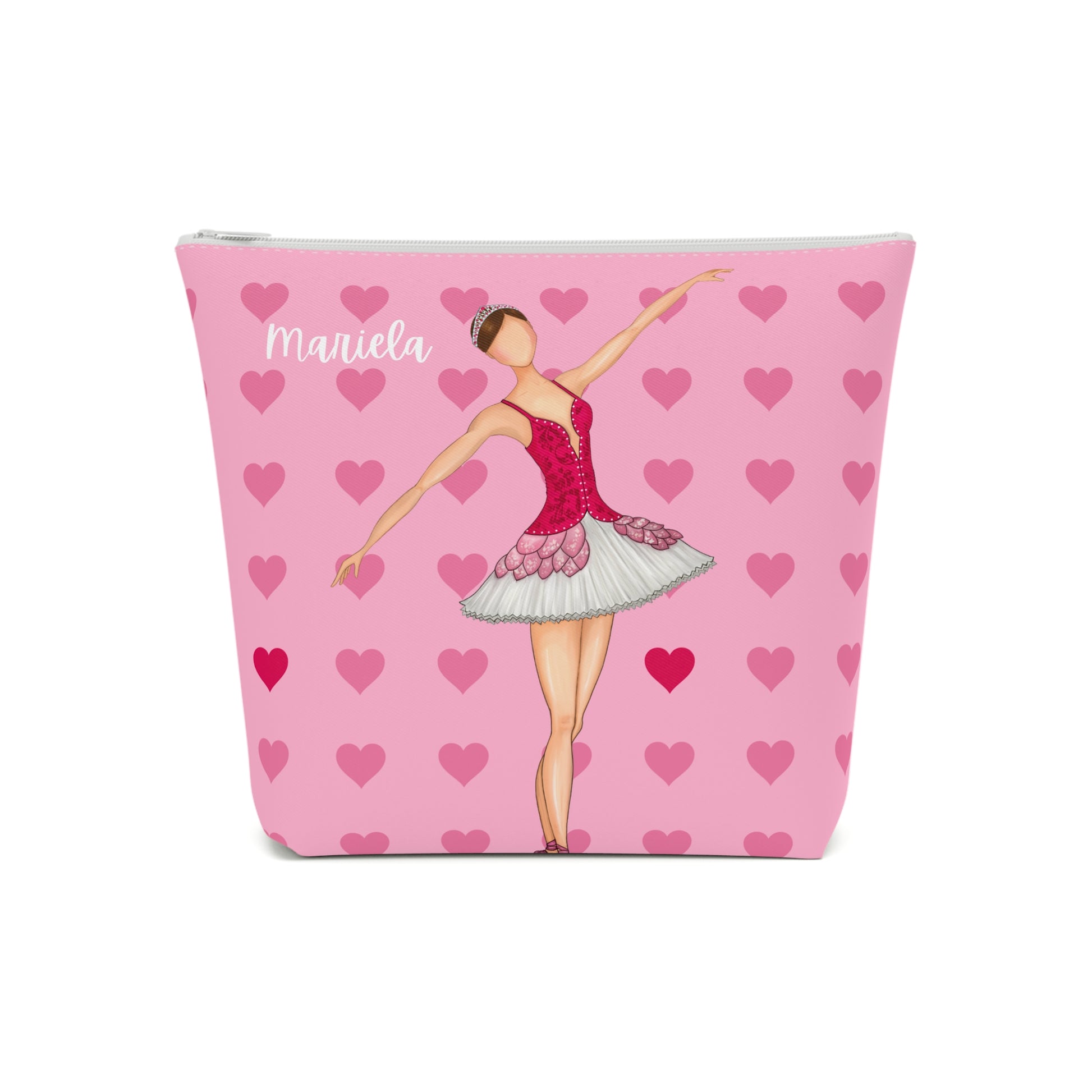 una bolsa cosmética rosa con una bailarina en ella