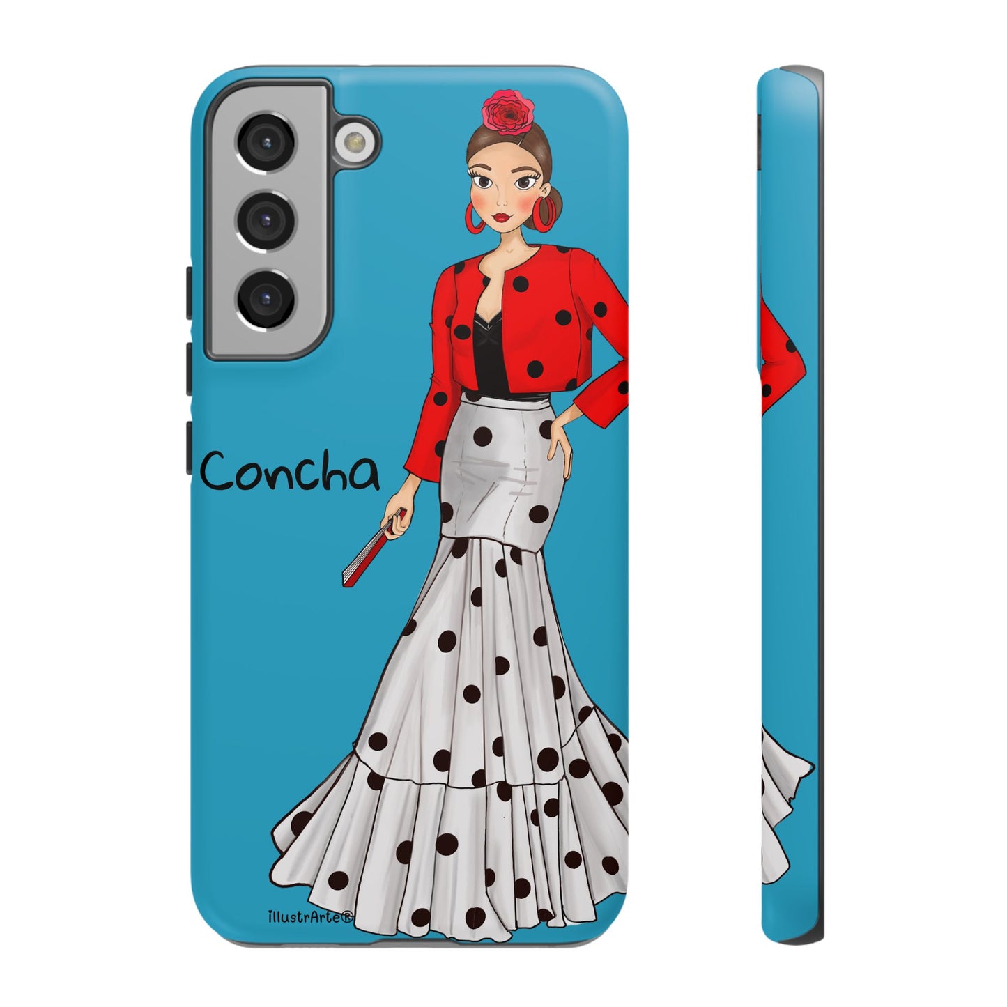 Funda de teléfono Modelo Conchita fondo azul, perfecta para quienes aprecian la originalidad.