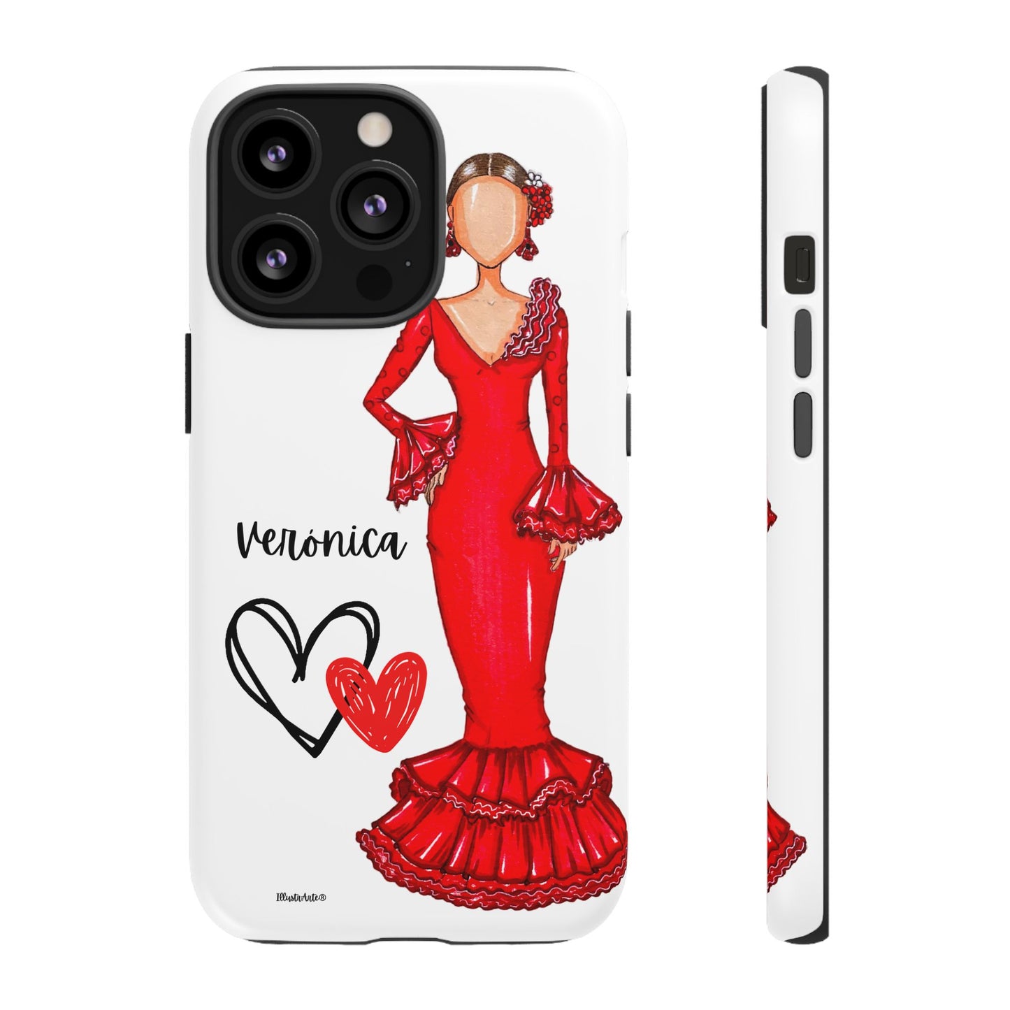 una funda de teléfono con un dibujo de una mujer en un vestido rojo