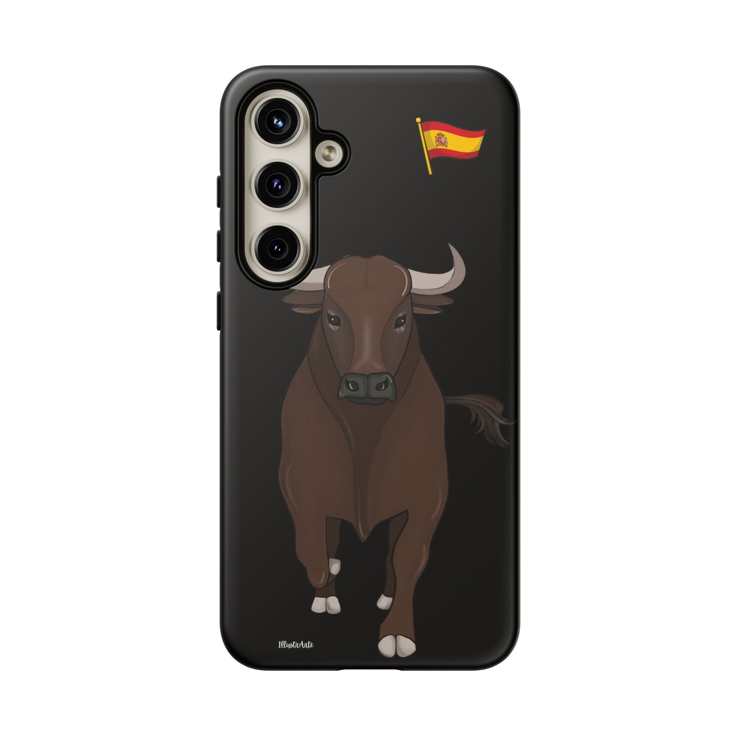 Funda de teléfono toro Manuel en ambiente divertido, mostrando su diseño.
