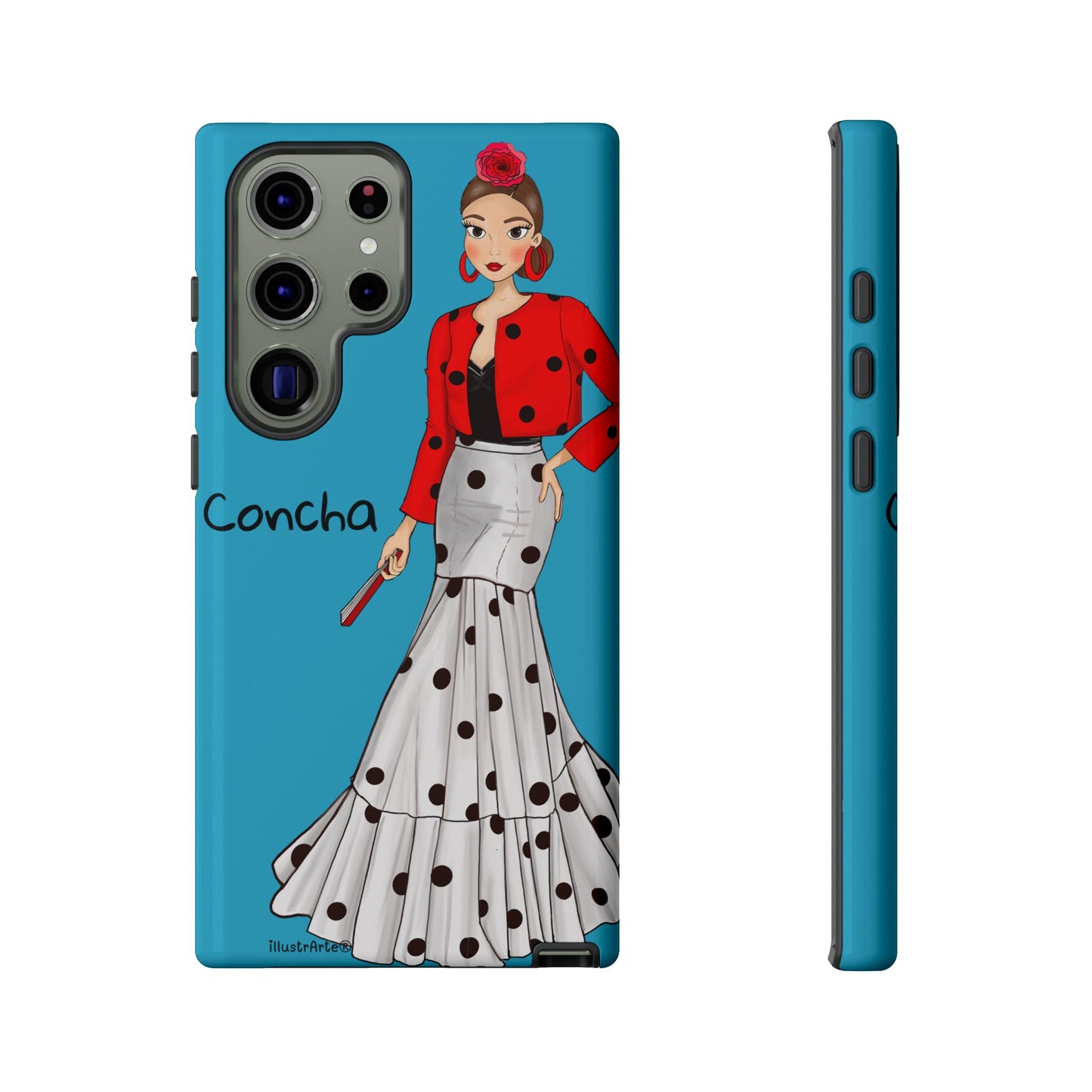 Funda de teléfono con estampado de flamenca, Modelo Conchita fondo azul, resalta lo mejor de la cultura.