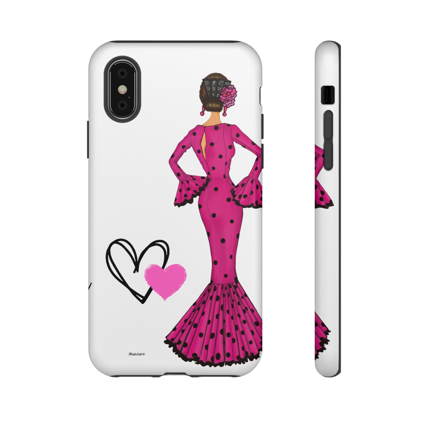 una funda de teléfono con una mujer en un vestido rosa