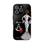 Personalised phone case flamenco dancer María Blanco, with the Virgen del Rocío for iPhone 16 Pro, gloss finish – illustrArte