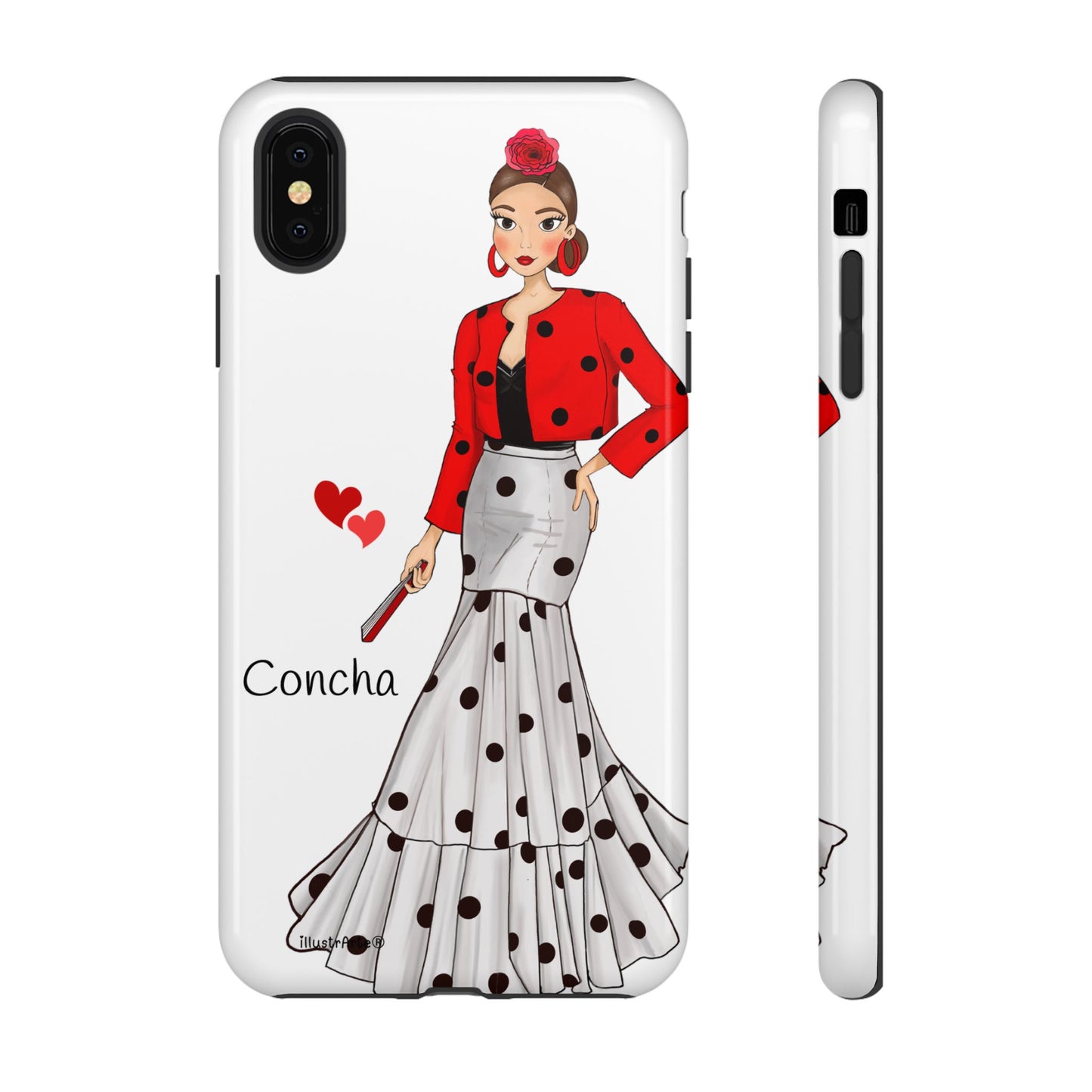 Funda de teléfono modelo Conchita con nombre y bandera, mostrando su originalidad para iPhones, Samsung y Google Pixel.