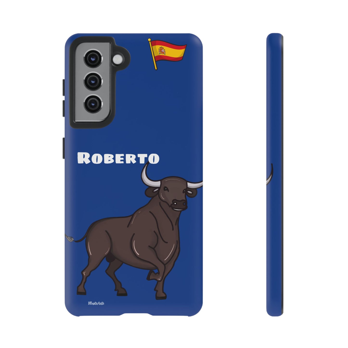 Funda de teléfono personalizable con nombre/bandera/Virgen - Modelo Toro Roberto, destacando su esencia de la cultura española.