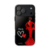 Funda de teléfono personalizable María rojo pelo oscuro fondo negro – para iPhone, Samsung, Pixel
