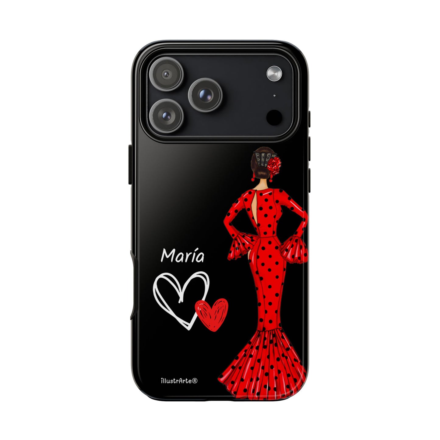 Capa de celular personalizável com nome/bandeira/Virgem - modelo Red Maria com cabelo escuro, fundo preto, para iPhone, Samsung e Google Pixel