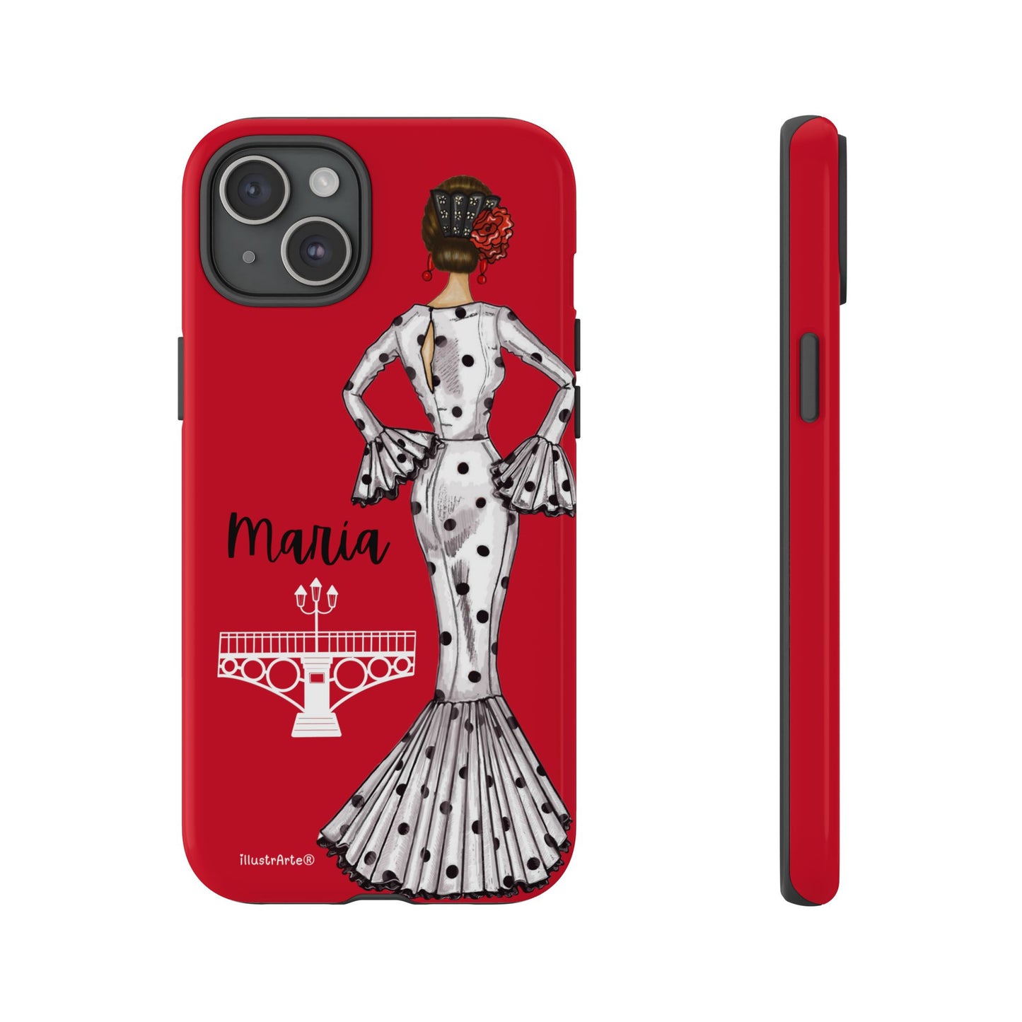 Funda de teléfono con diseño de flamenca María y espacio para agregar nombre, ideal para iPhone y Samsung.