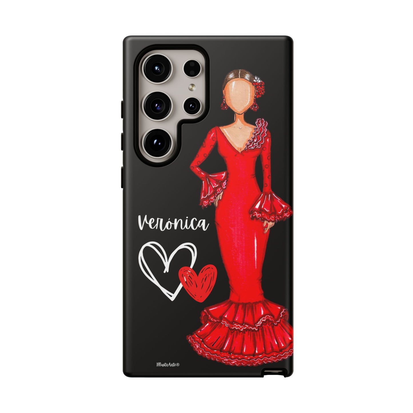 una funda de teléfono con una mujer con un vestido rojo