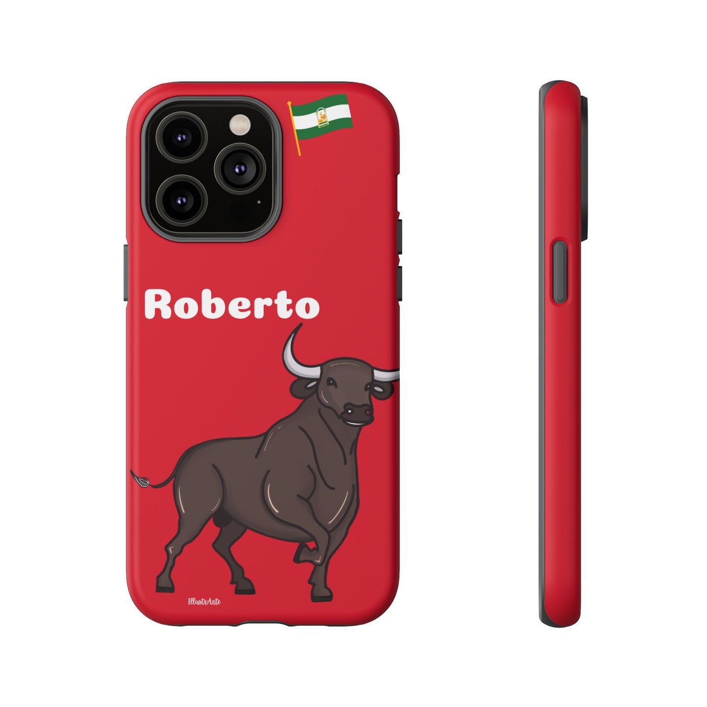 una funda de teléfono roja con un toro en ella