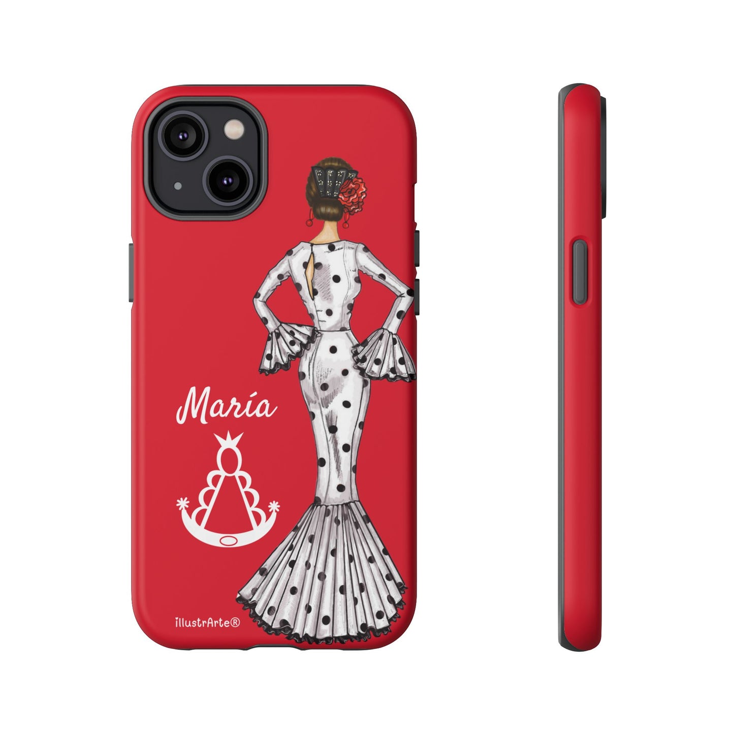 Capa de telefone personalizável com nome/bandeira/Virgem - modelo White Mary com Virgen del Rocío para iPhone, Samsung e Google Pixel
