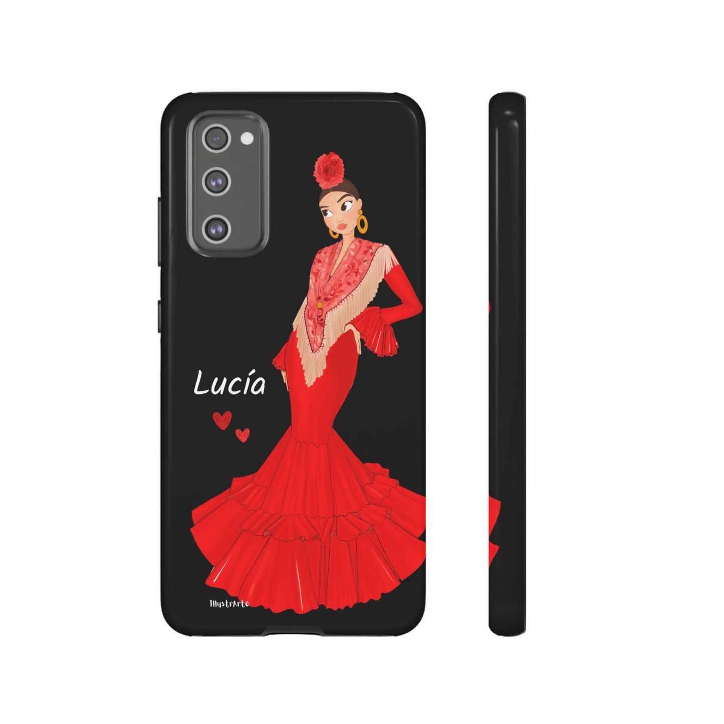 una funda de teléfono con una mujer en un vestido rojo