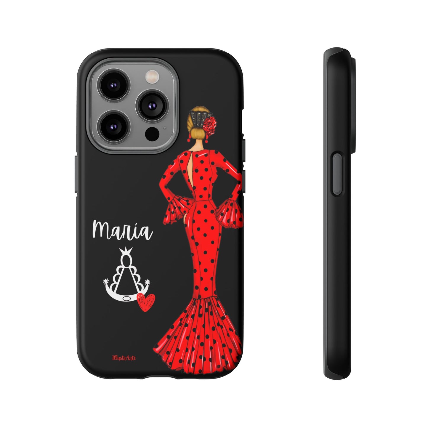 una funda de teléfono con una mujer en un vestido rojo