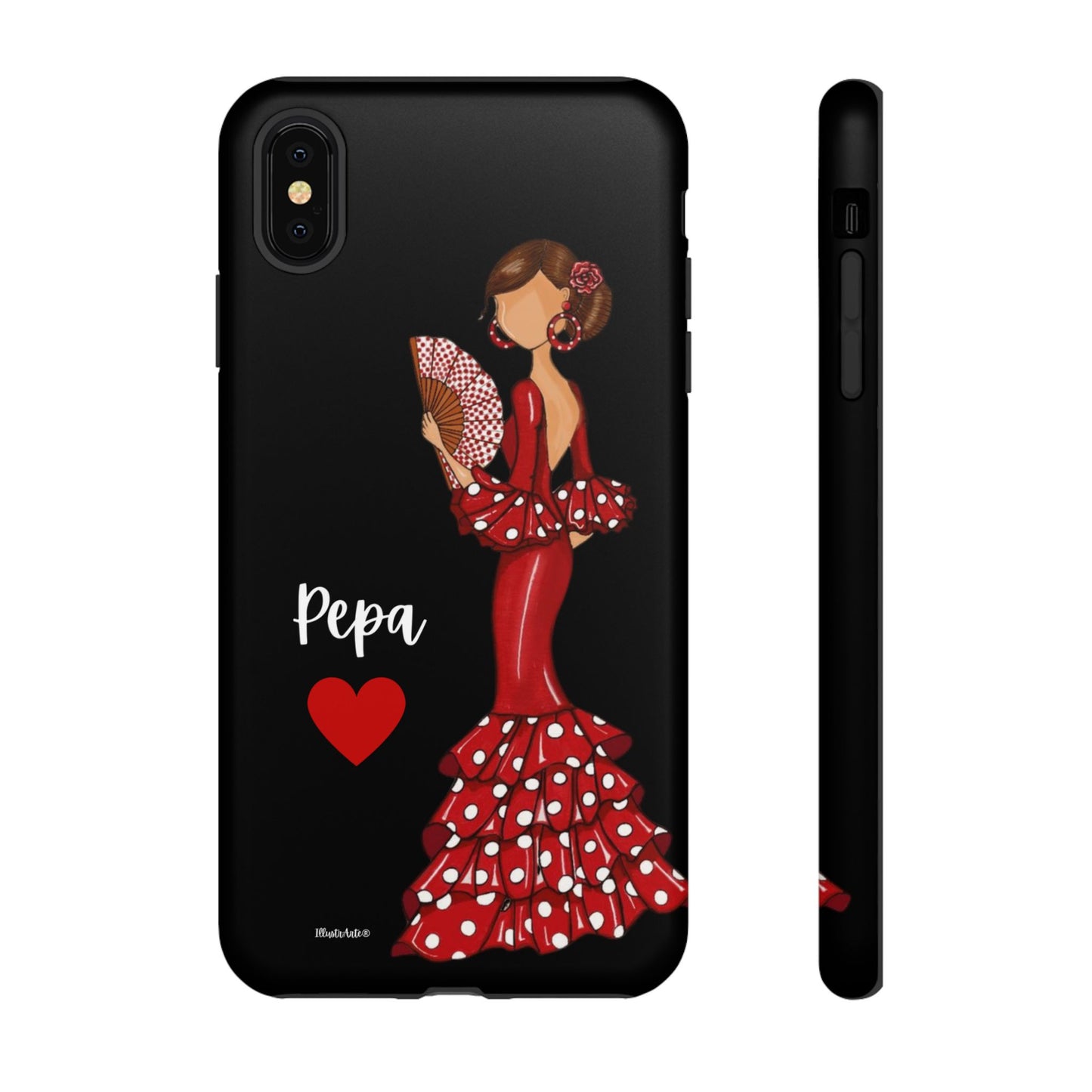 una funda de teléfono con una mujer en un vestido rojo