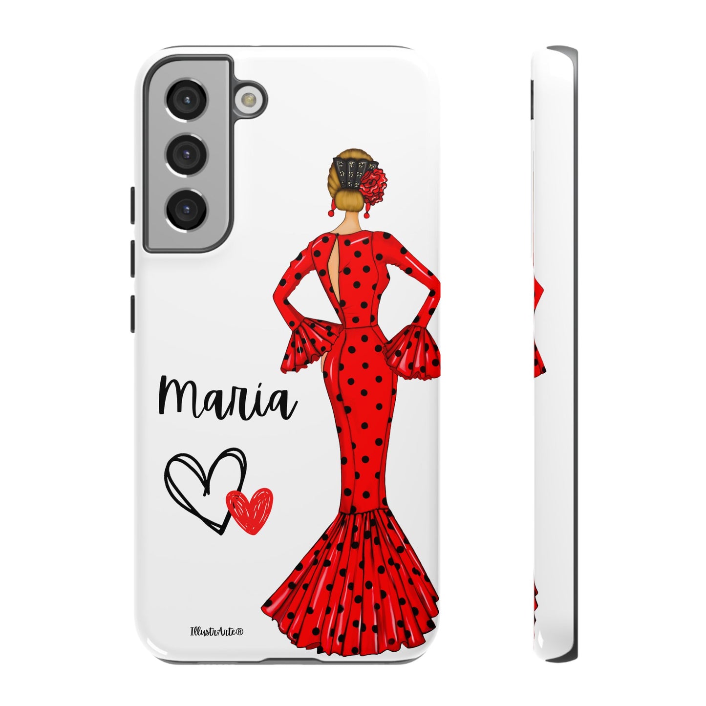 una funda de teléfono con una mujer en un vestido rojo