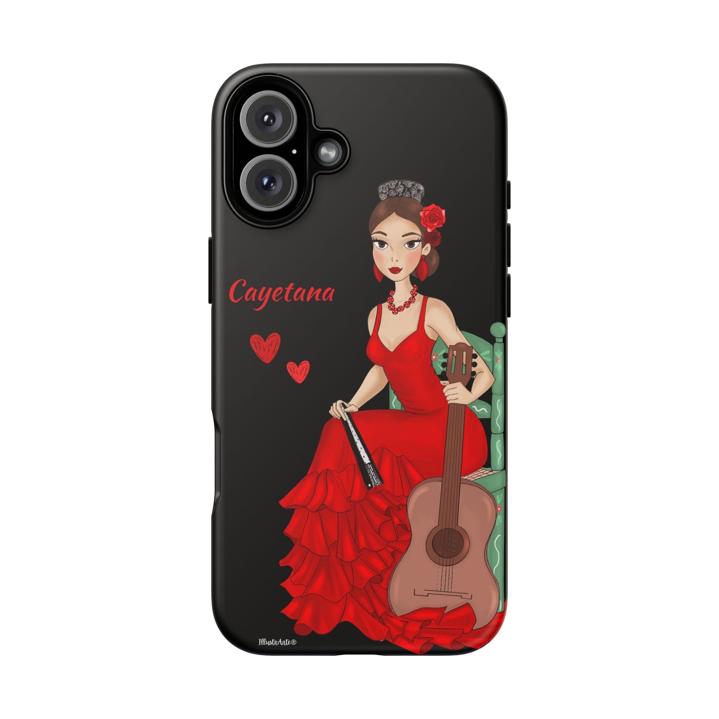 una funda de teléfono con una mujer en un vestido rojo sosteniendo una guitarra