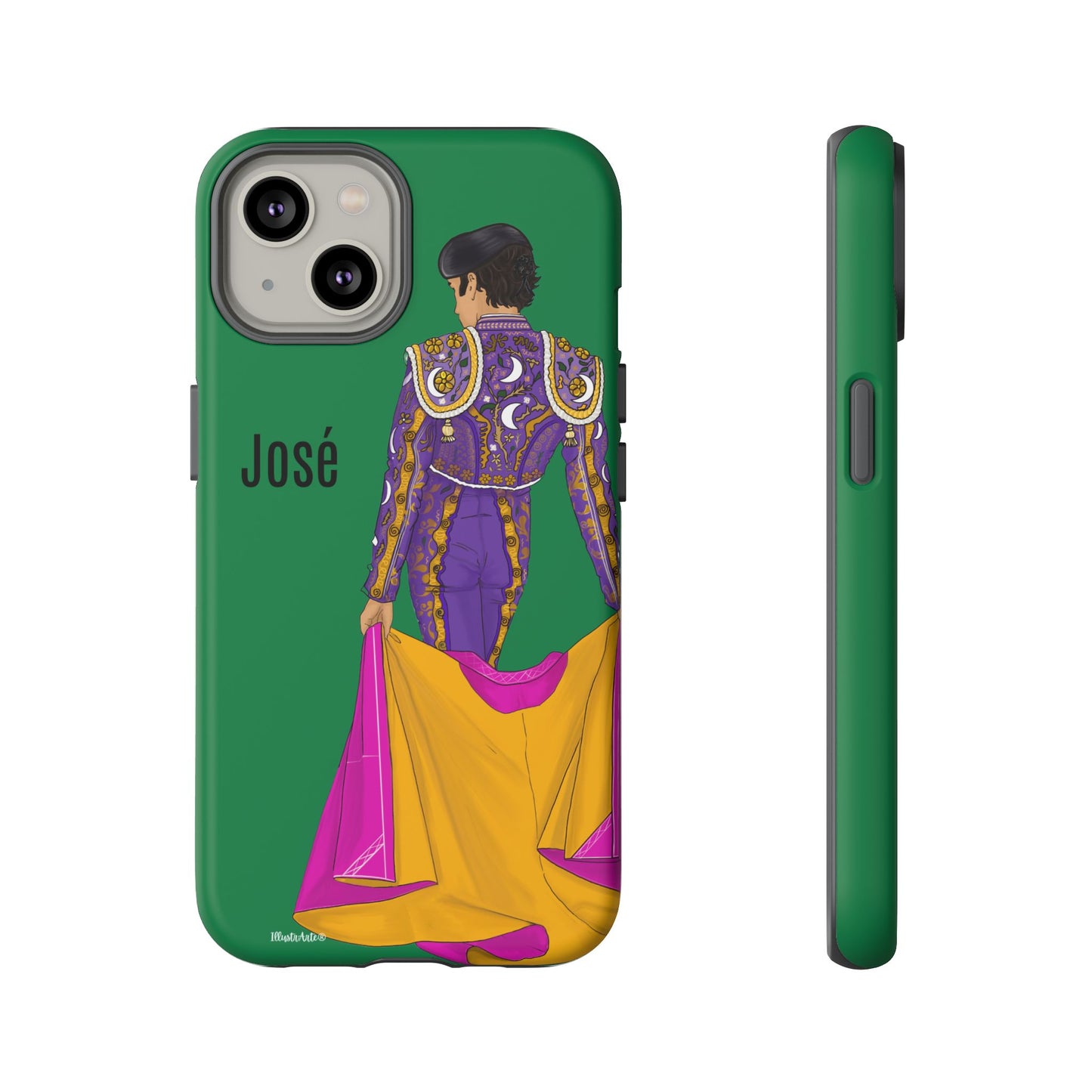 una funda de teléfono verde con una imagen de un hombre en un atuendo púrpura y amarillo