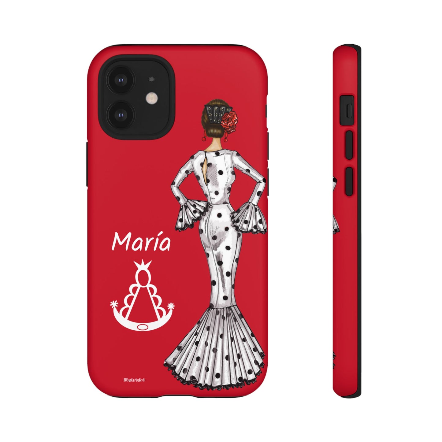 una funda de teléfono roja con una imagen de una mujer