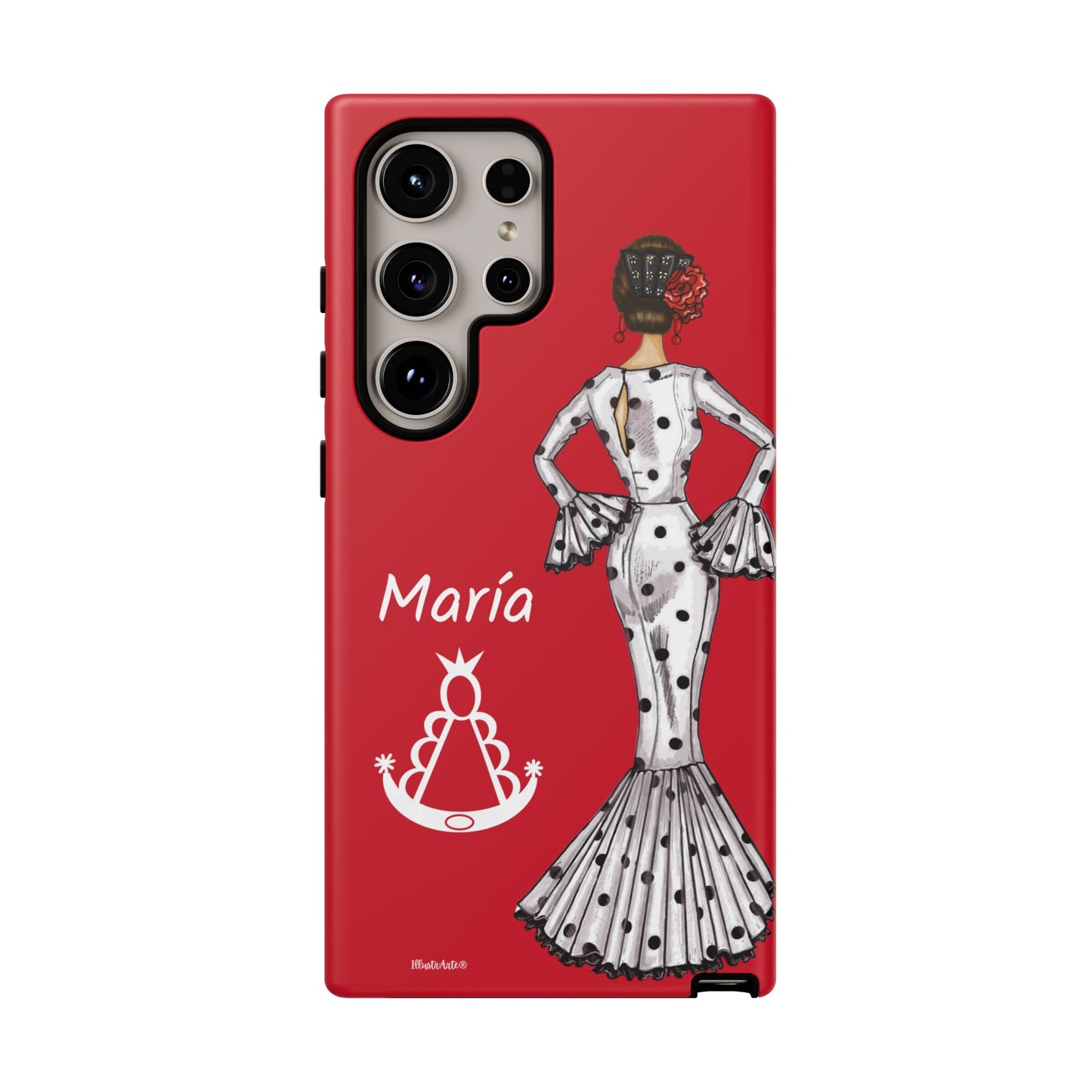 una funda de teléfono roja con una imagen de una mujer en un vestido