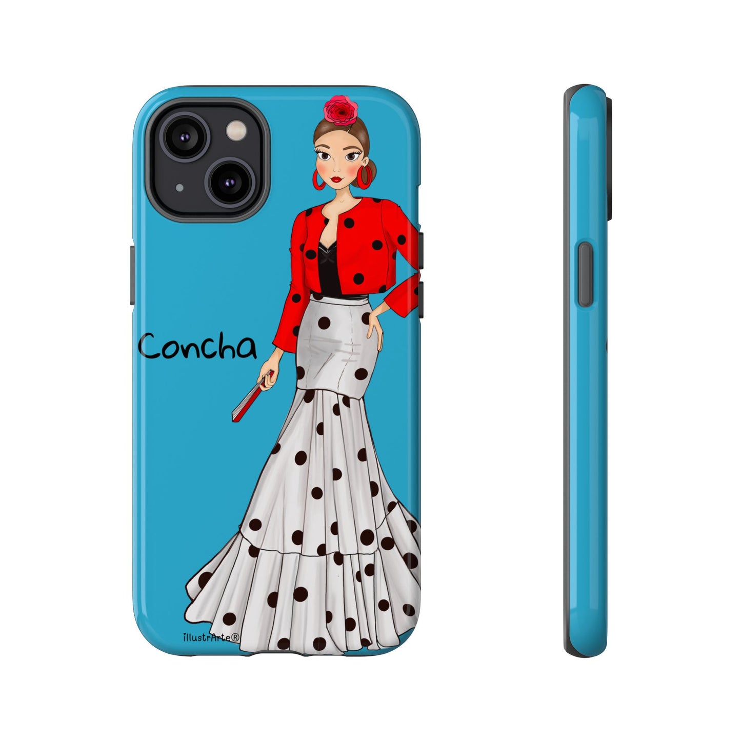 Funda de teléfono vibrante y original, Modelo Conchita fondo azul, ideal para aquellos que buscan destacar.