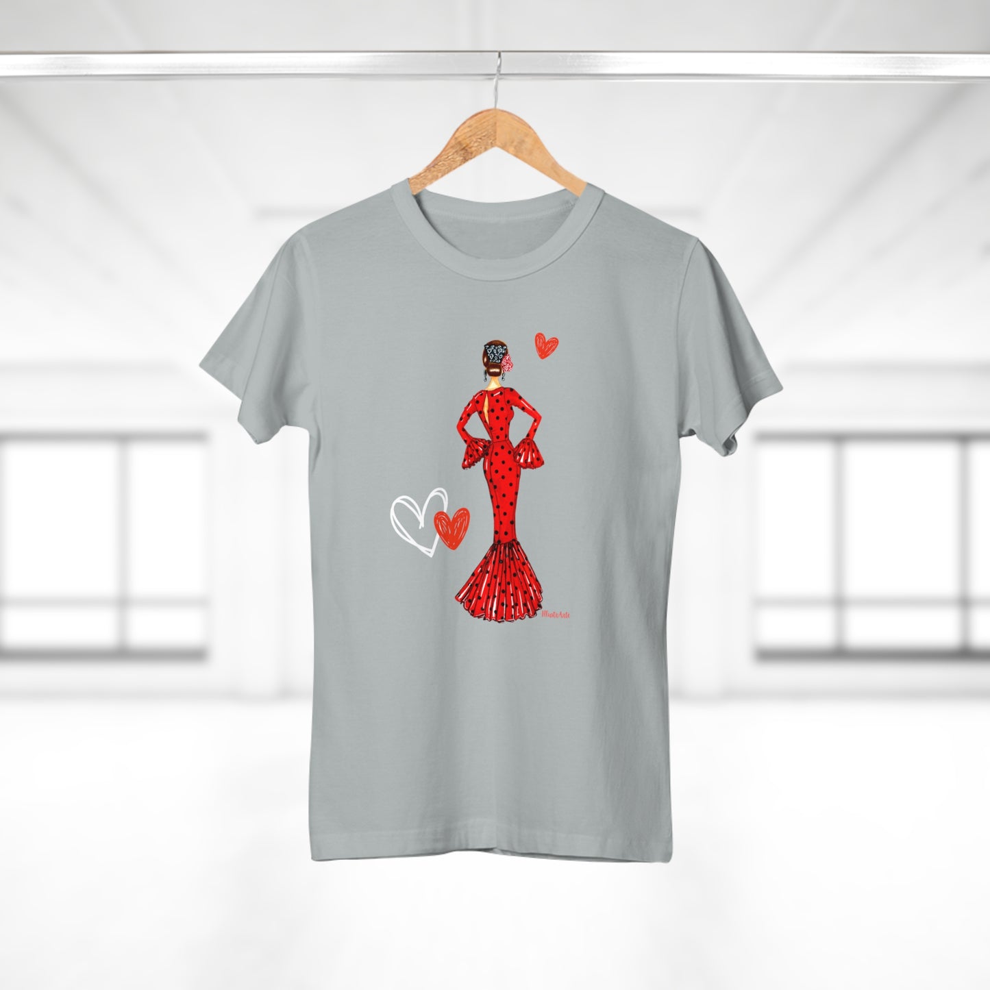 a t - shirt with a woman in a red dress holding a heart