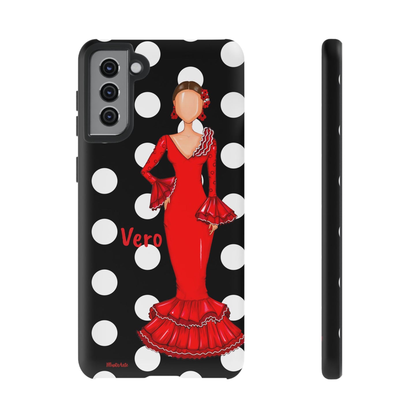 una funda para teléfono con una mujer en un vestido rojo