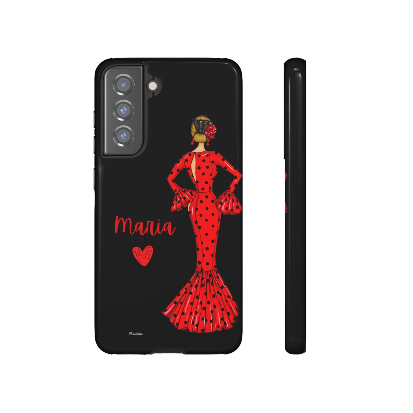 una funda de teléfono con una mujer en un vestido rojo