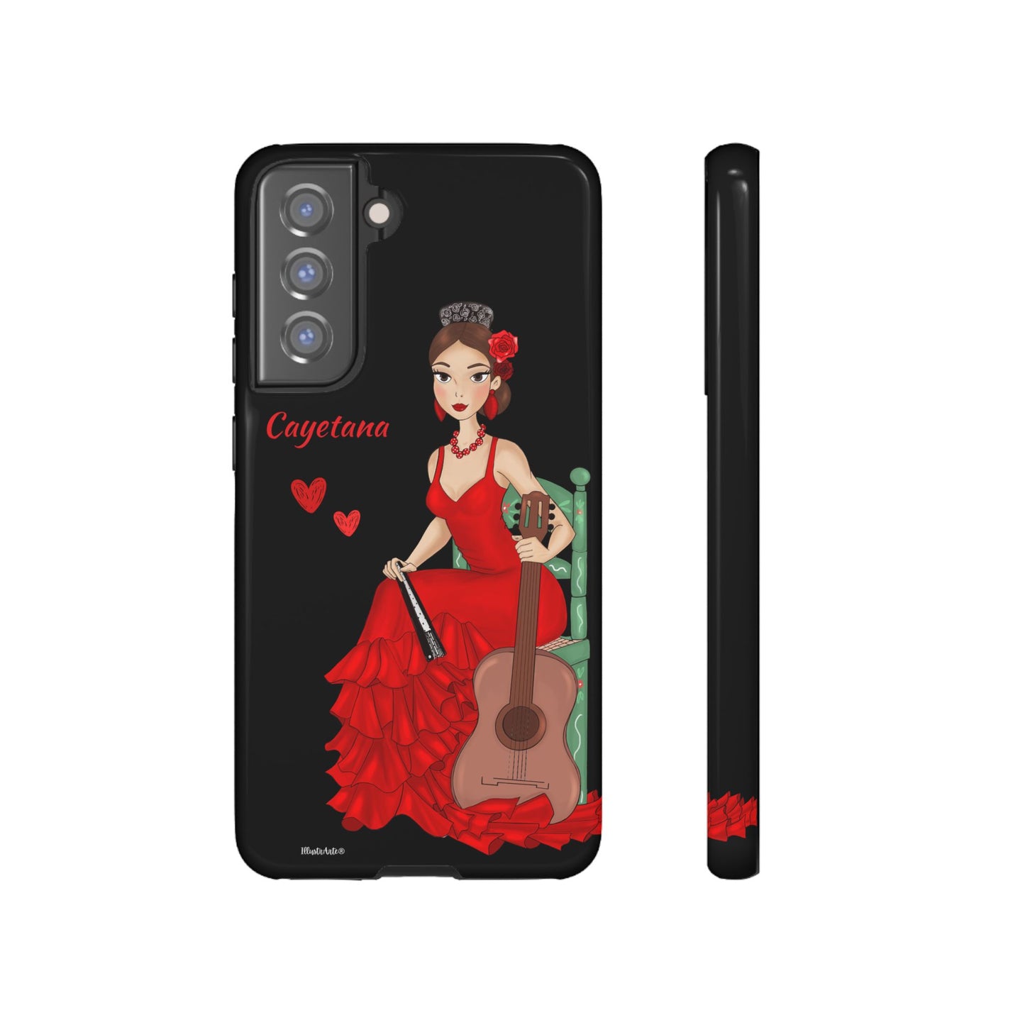 una funda de teléfono con una mujer en un vestido rojo sosteniendo una guitarra