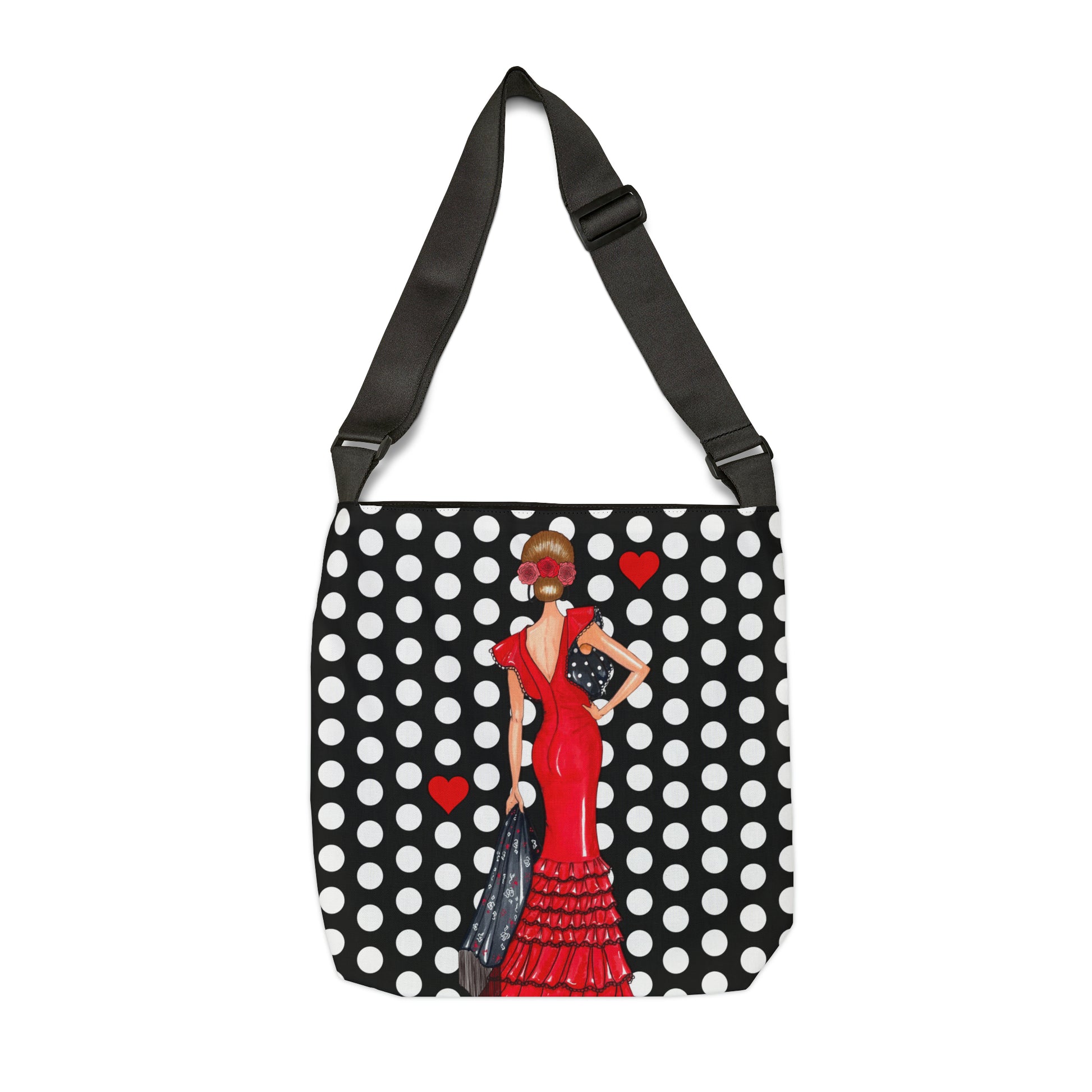 a black and white polka dot bag with a woman in a red dress