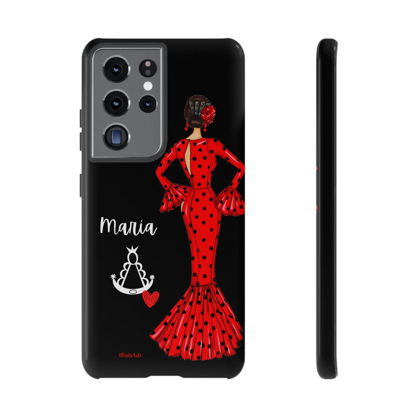 una funda de teléfono con una mujer en un vestido rojo