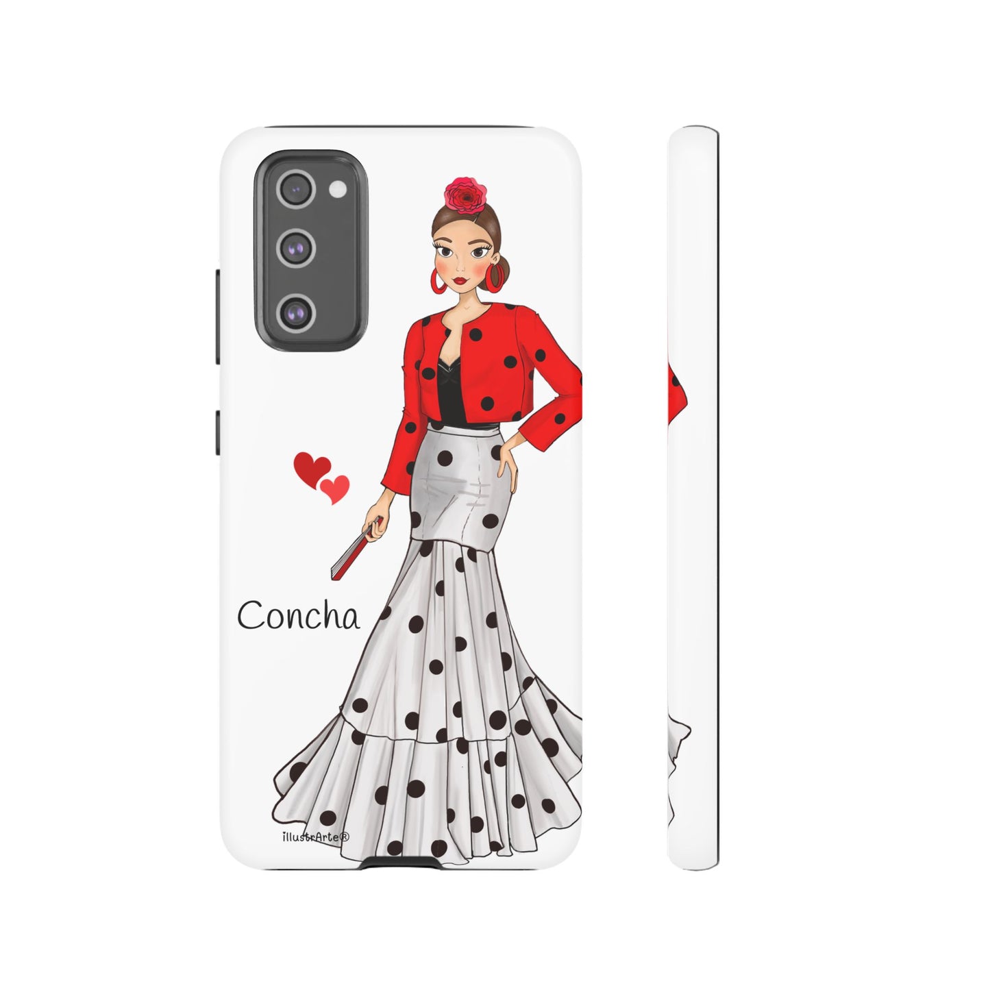 Funda de teléfono personalizable modelo Conchita con fondo blanco, mostrando su adaptabilidad para distintas marcas.