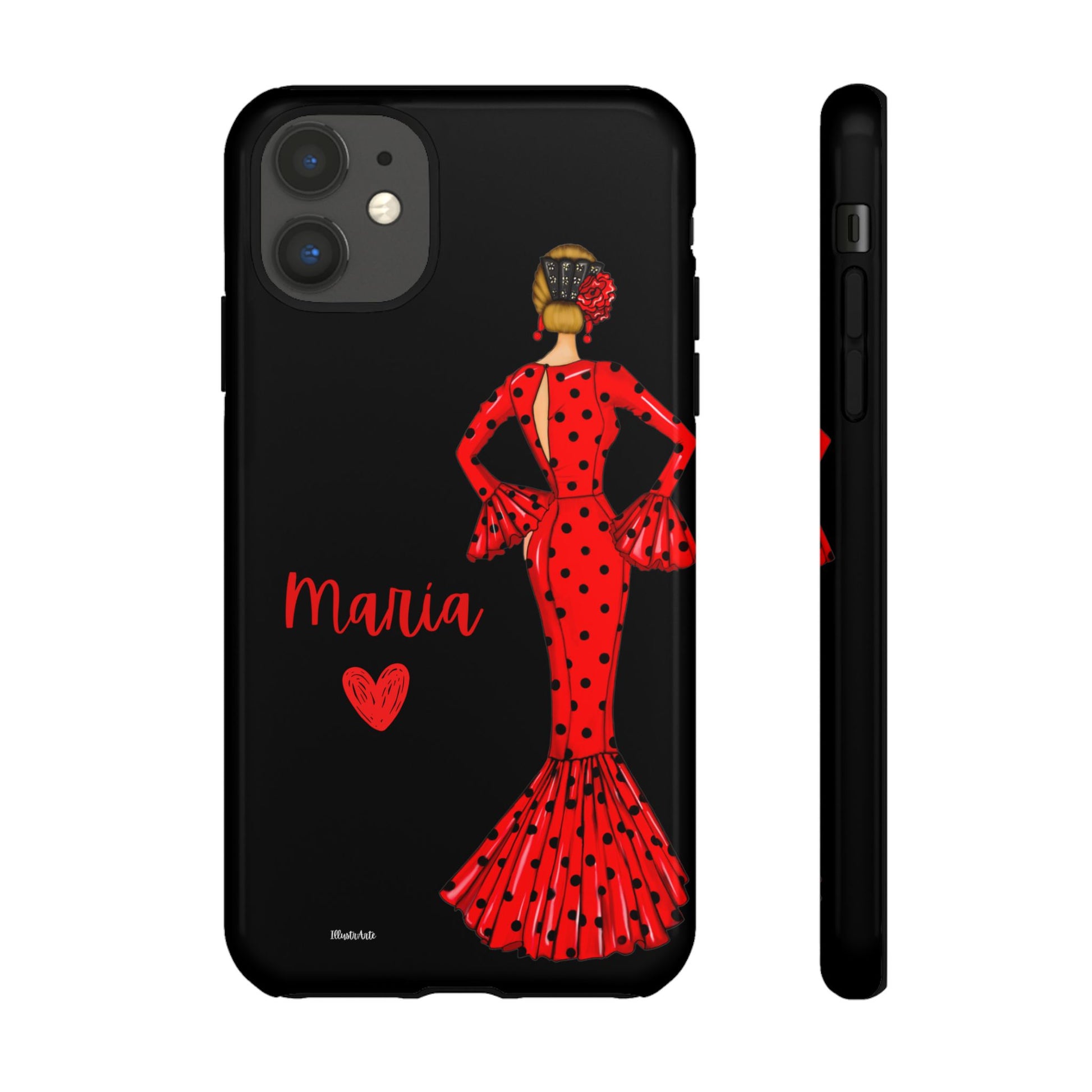 una funda de teléfono con una mujer en un vestido rojo