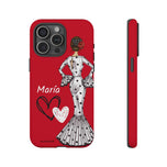 Personalised phone case flamenco dancer María Blanco, red background, with hearts for iPhone 15 Pro Max, matte finish – illustrArte