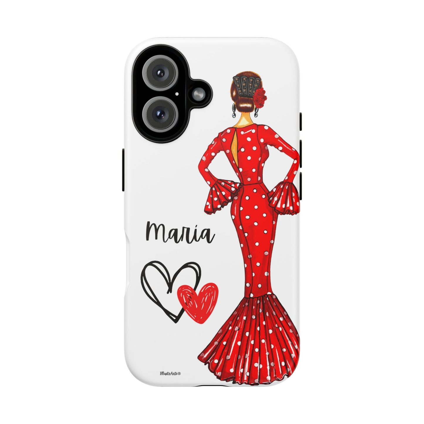 una funda de teléfono con una mujer en un vestido rojo